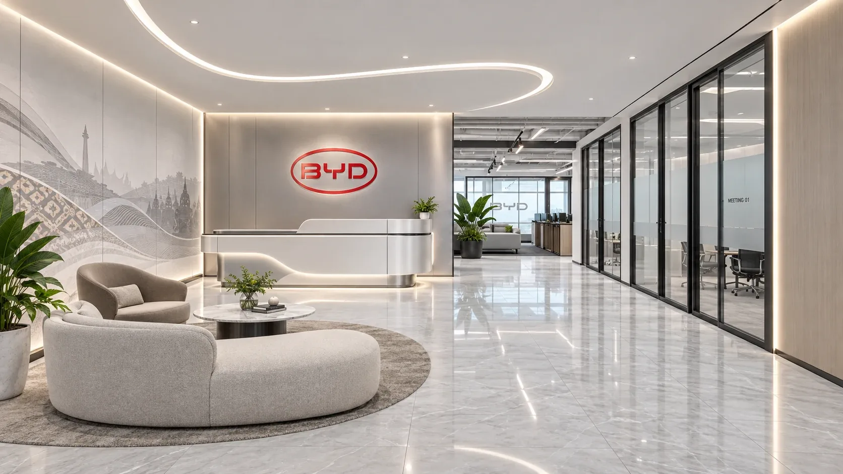 BYD reception design study with curved seating and glass meeting rooms